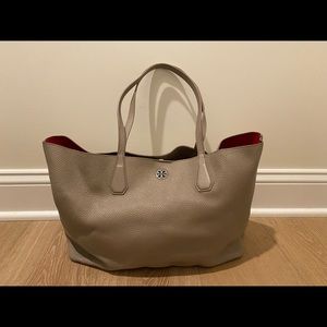 Tory Burch shoulder bag, gray with hot pink interior. Excellent condition!